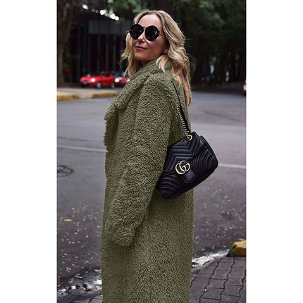 Women's Fuzzy Fleece Lapel Open Front Long Cardigan Coat