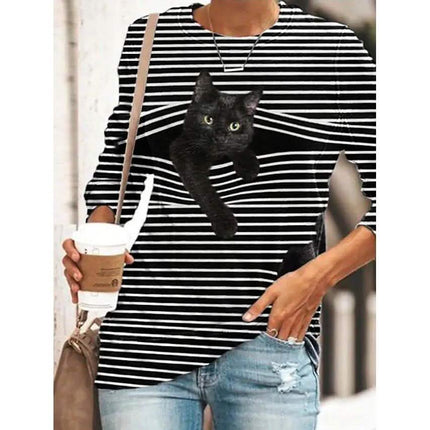 Women's Halloween Tunic T shirt Striped Cat 3D Cartoon Long Sleeve Print Round Neck