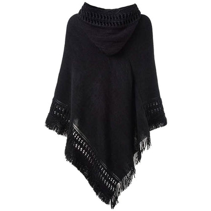 Womens Hooded Cape with Fringed Hem, Crochet Poncho Knitting Patterns