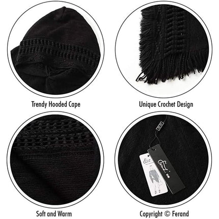 Womens Hooded Cape with Fringed Hem, Crochet Poncho Knitting Patterns