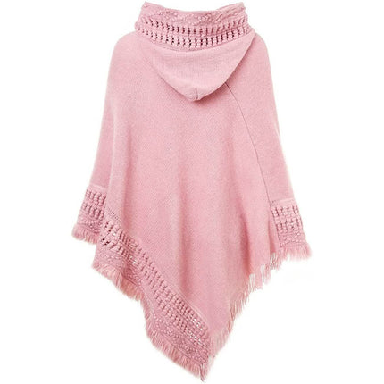 Womens Hooded Cape with Fringed Hem, Crochet Poncho Knitting Patterns