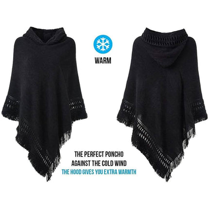 Womens Hooded Cape with Fringed Hem, Crochet Poncho Knitting Patterns