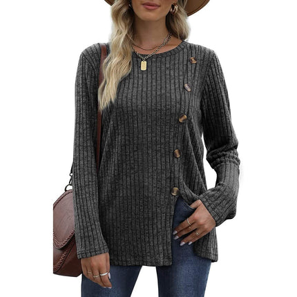 Women's Long Sleeve Crew Neck Tunic Tops Buttons Side