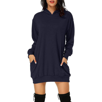 Women's Long Sleeve Hooded Pockets Pullover Hoodie Dress Tunic Sweatshirt