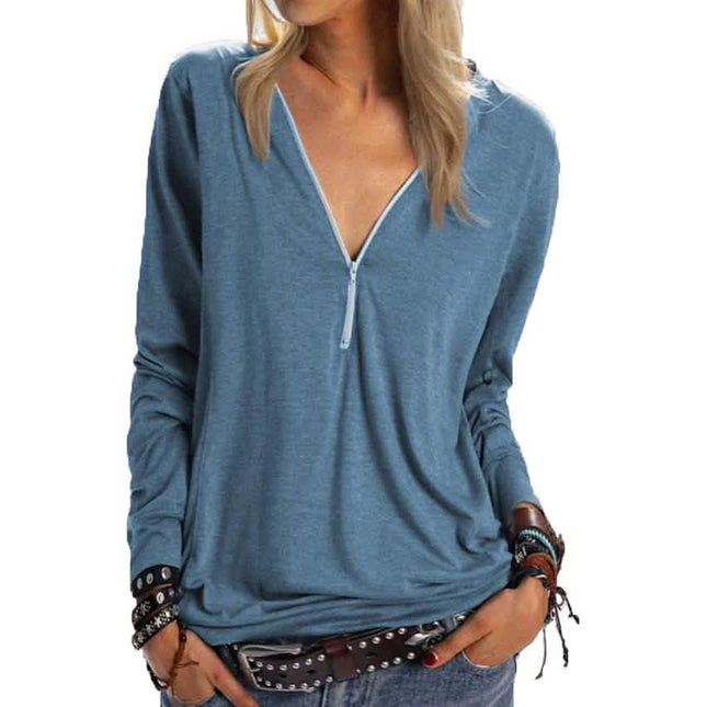 Women's Long Sleeve Zipper Quarter Zip V Neck Casual Top