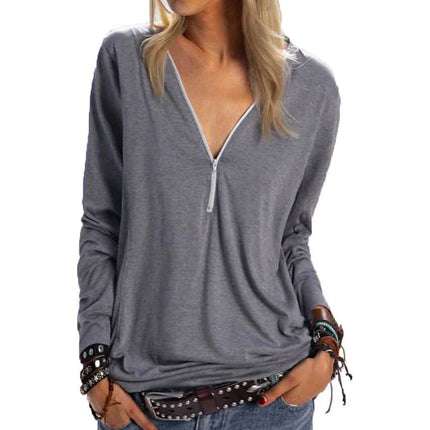 Women's Long Sleeve Zipper Quarter Zip V Neck Casual Top