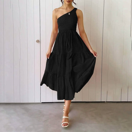 Womens One Shoulder Sleeveless Smocked Ruffle Tiered Beach Long Midi Dress