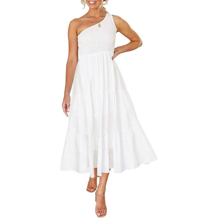 Womens One Shoulder Sleeveless Smocked Ruffle Tiered Beach Long Midi Dress