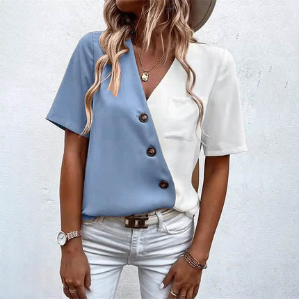 Women's Pocket Button V-Neck Short Sleeve Shirt