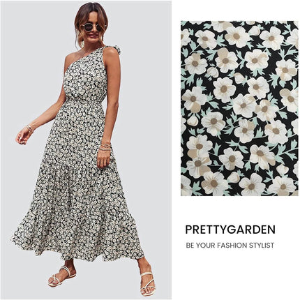 Women's Summer Floral One Shoulder Ruffled Hem Maxi Dresses