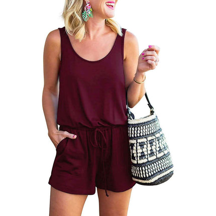 Women's Summer Tank Jumpsuit Casual Loose Sleeveless Beam Foot Elasitic Waist Jumpsuit Romper with Pockets
