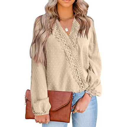 Women's V Neck Chiffon Lace Pom Pom Long Sleeve Top