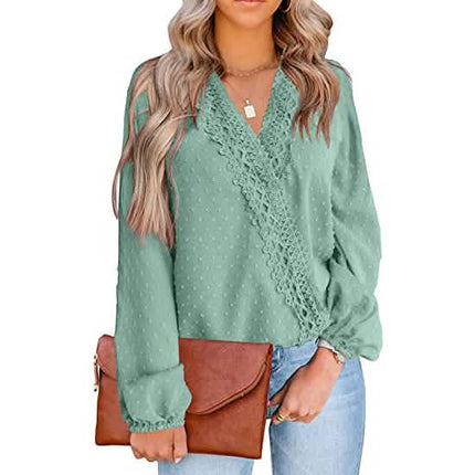 Women's V Neck Chiffon Lace Pom Pom Long Sleeve Top