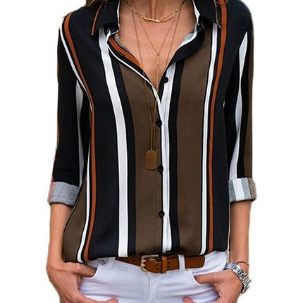 Womens V Neck Striped Roll up Sleeve Button Down Blouses Top