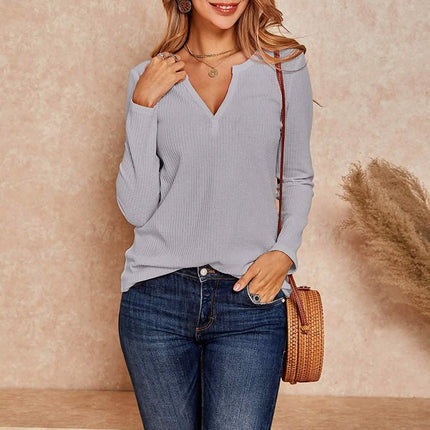 Women's V Neck Waffle Knit Henley Tops