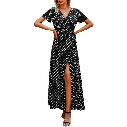 Women's Wrap V Neck Maxi Dresses Short Sleeve Split Casual Long Dress