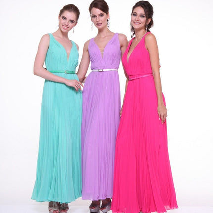 Cinderella Divine 1499 Long Chiffon Pleated Sleeveless Dress With Belt