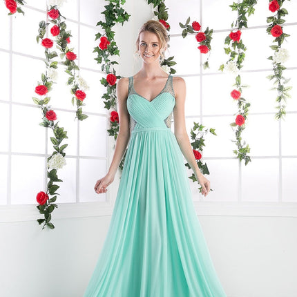 Cinderella Divine 5061 Sheer Beaded Strap Flowy Evening Dress
