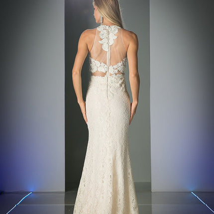 Cinderella Divine 1586 Halter Lace Appliques Mock Two-Piece Gown