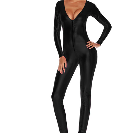 Metallic Zip Front Woman Black Bodysuit by Forplay only at  TeeJayTraders.com
