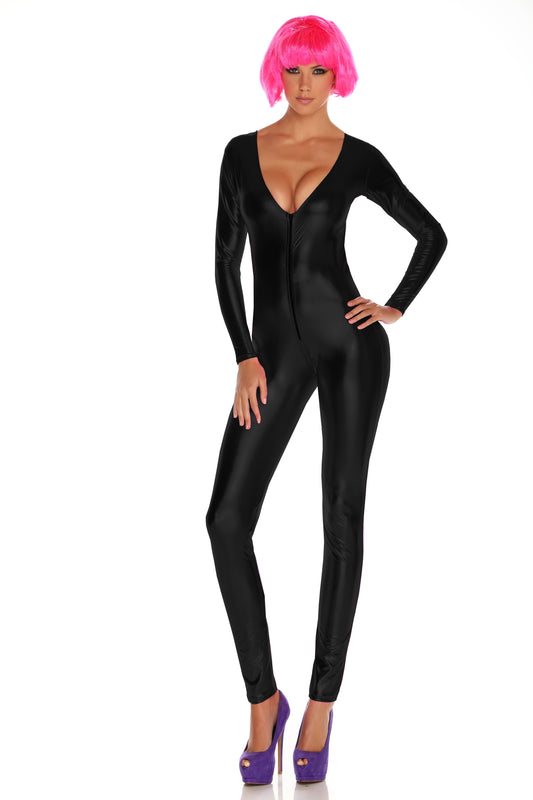 Metallic Zip Front Woman Black Bodysuit by Forplay only at  TeeJayTraders.com