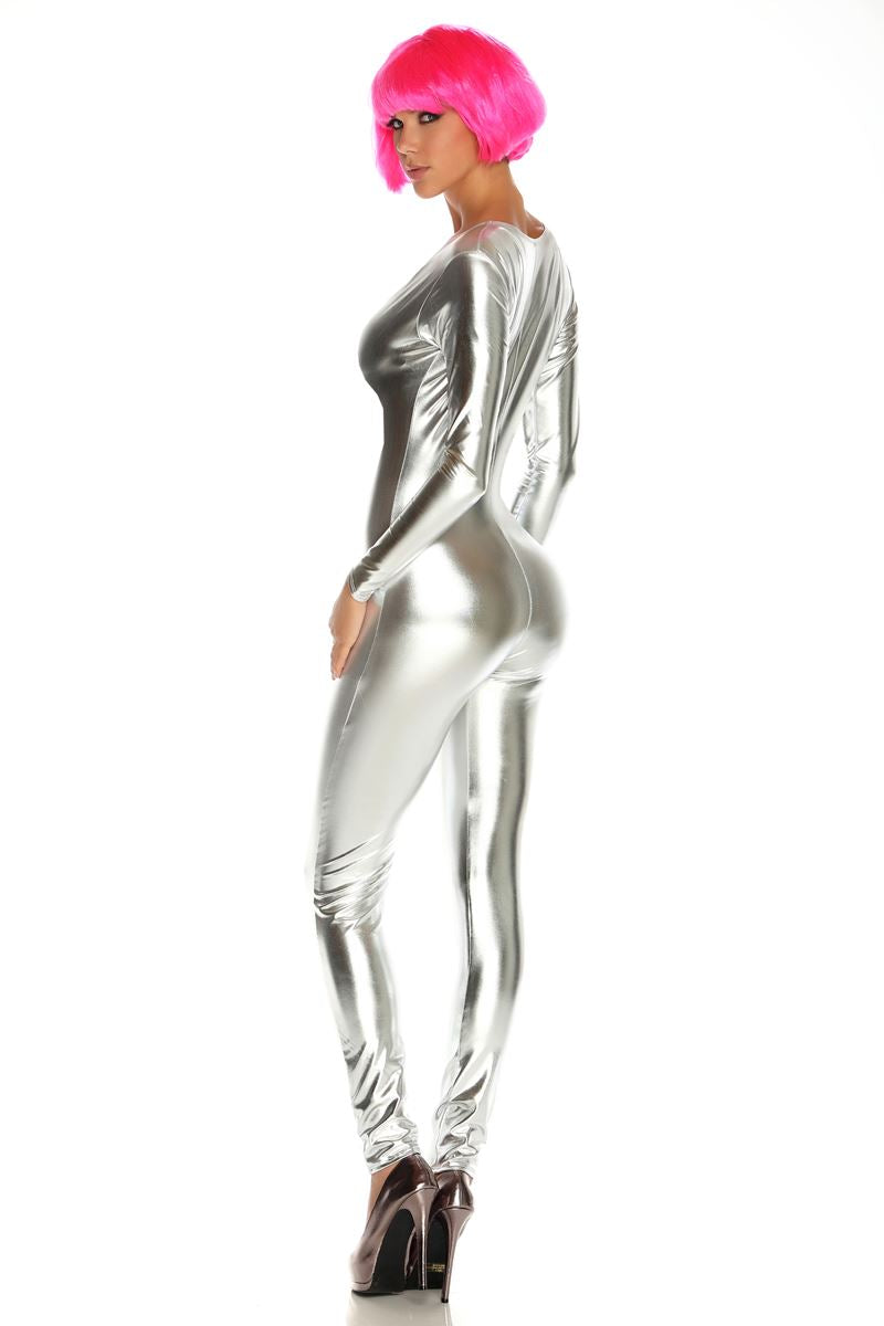 Metallic Zipfront Silver Women Bodysuit by Forplay only at  TeeJayTraders.com - Image 2