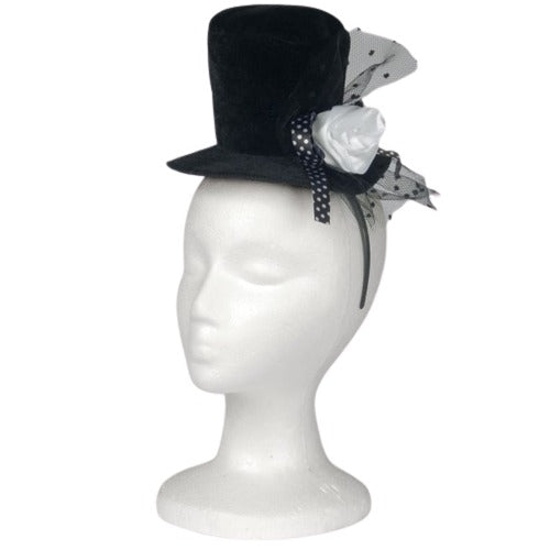 Mini Top Hat Headband Black With Rose Accent by Loftus Costumes only at  TeeJayTraders.com