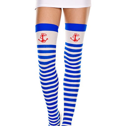 Anchor Print Opaque Thigh Highs With Blue White Stripes by Music Legs only at  TeeJayTraders.com