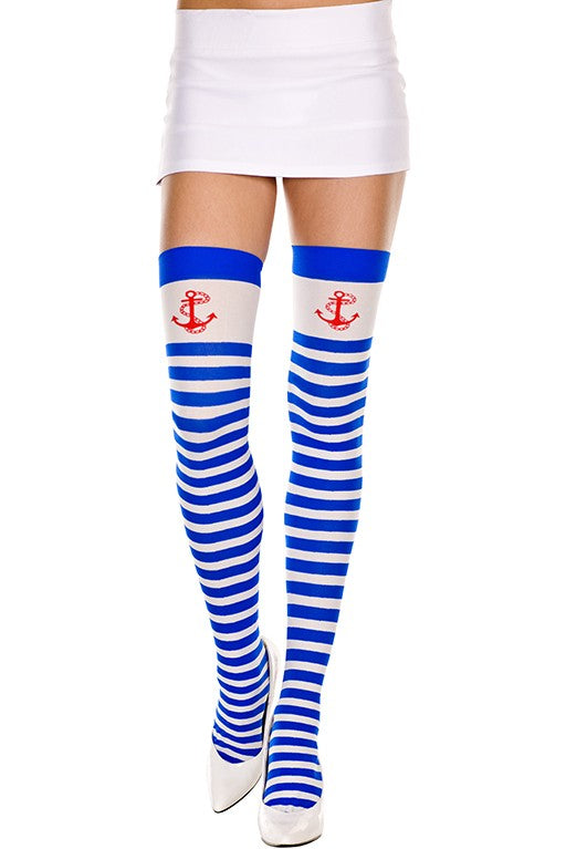 Anchor Print Opaque Thigh Highs With Blue White Stripes by Music Legs only at  TeeJayTraders.com